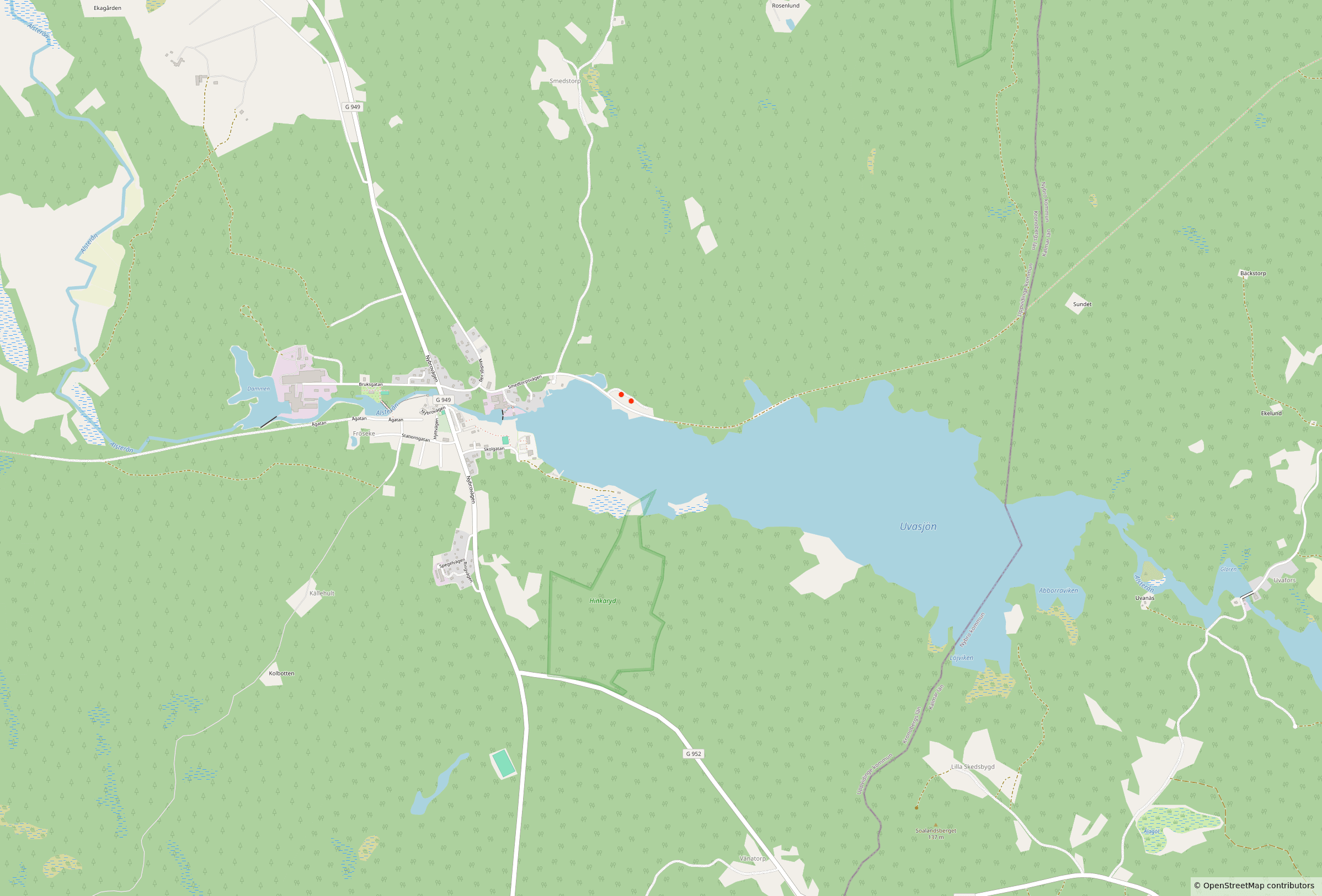 Lage der Ferienhäuser am Uvasjön in Fröseke